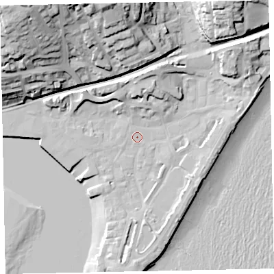 Shaded relief map of the ground around TQ148FU, computed from Environment Agency LiDAR. The ground here sits at about 3 m above sea level and falls 44 m across the surrounding 800 m. Surface water reaching this point runs off ground lying to the north-north-west, 0.9 m higher.