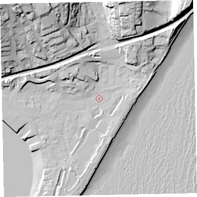 Shaded relief map of the ground around TQ148HH, computed from Environment Agency LiDAR. The ground here sits at about 3 m above sea level and falls 44 m across the surrounding 800 m. Surface water reaching this point runs off ground lying to the north-north-east, 11.7 m higher.
