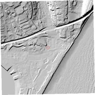 Shaded relief map of the ground around TQ148HR, computed from Environment Agency LiDAR. The ground here sits at about 3 m above sea level and falls 49 m across the surrounding 800 m. Surface water reaching this point runs off ground lying to the north-east, 11.2 m higher.