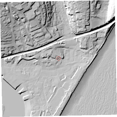 Shaded relief map of the ground around TQ148HT, computed from Environment Agency LiDAR. The ground here sits at about 5 m above sea level and falls 53 m across the surrounding 800 m. Surface water reaching this point runs off ground lying to the north-west, 8.4 m higher.