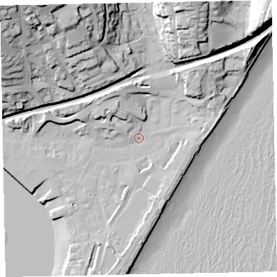 Shaded relief map of the ground around TQ148HW, computed from Environment Agency LiDAR. The ground here sits at about 3 m above sea level and falls 48 m across the surrounding 800 m. Surface water reaching this point runs off ground lying to the north-east, 11.7 m higher.