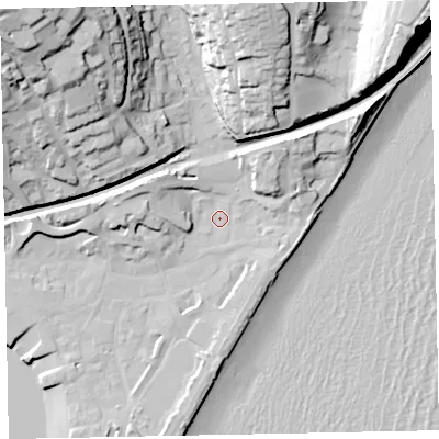 Shaded relief map of the ground around TQ148PE, computed from Environment Agency LiDAR. The ground here sits at about 3 m above sea level and falls 52 m across the surrounding 800 m. Surface water reaching this point runs off ground lying to the north-east, 11.1 m higher.