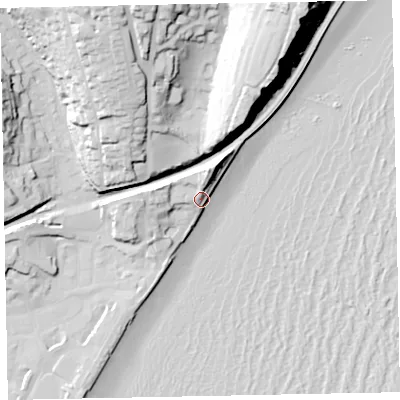 Shaded relief map of the ground around TQ148SH, computed from Environment Agency LiDAR. The ground here sits at about 8 m above sea level and falls 55 m across the surrounding 800 m. Surface water reaching this point runs off ground lying to the north-north-east, 8.6 m higher.