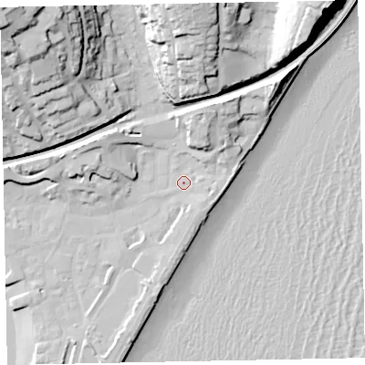 Shaded relief map of the ground around TQ148SJ, computed from Environment Agency LiDAR. The ground here sits at about 3 m above sea level and falls 48 m across the surrounding 800 m. Surface water reaching this point runs off ground lying to the north-east, 5.5 m higher.