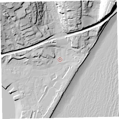 Shaded relief map of the ground around TQ148SL, computed from Environment Agency LiDAR. The ground here sits at about 3 m above sea level and falls 49 m across the surrounding 800 m. Surface water reaching this point runs off ground lying to the north-east, 11.2 m higher.