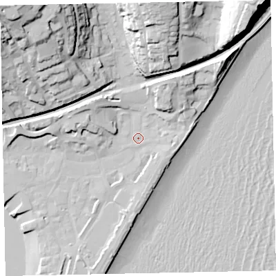 Shaded relief map of the ground around TQ148SN, computed from Environment Agency LiDAR. The ground here sits at about 3 m above sea level and falls 48 m across the surrounding 800 m. Surface water reaching this point runs off ground lying to the north-north-east, 11.1 m higher.