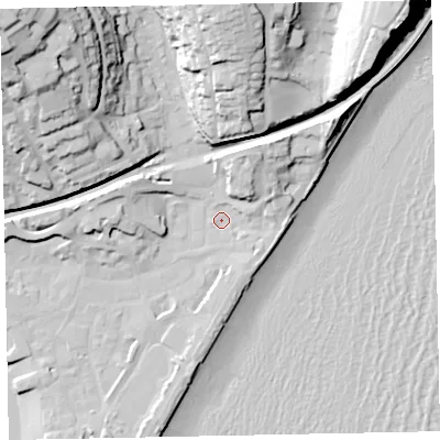 Shaded relief map of the ground around TQ148SP, computed from Environment Agency LiDAR. The ground here sits at about 3 m above sea level and falls 49 m across the surrounding 800 m. Surface water reaching this point runs off ground lying to the east-north-east, 5.5 m higher.