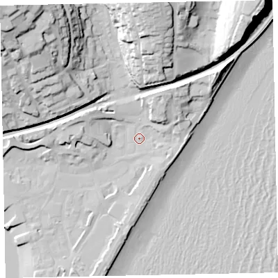 Shaded relief map of the ground around TQ148SR, computed from Environment Agency LiDAR. The ground here sits at about 3 m above sea level and falls 50 m across the surrounding 800 m. Surface water reaching this point runs off ground lying to the north-north-east, 10.8 m higher.
