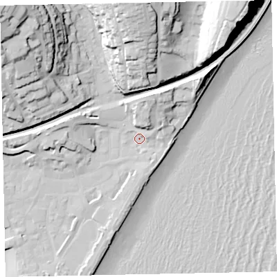 Shaded relief map of the ground around TQ148ST, computed from Environment Agency LiDAR. The ground here sits at about 4 m above sea level and falls 49 m across the surrounding 800 m. Surface water reaching this point runs off ground lying to the east-north-east, 5.5 m higher.