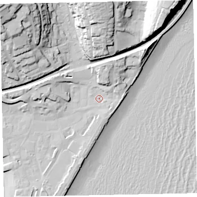 Shaded relief map of the ground around TQ148SU, computed from Environment Agency LiDAR. The ground here sits at about 4 m above sea level and falls 49 m across the surrounding 800 m. Surface water reaching this point runs off ground lying to the north-east, 5.5 m higher.