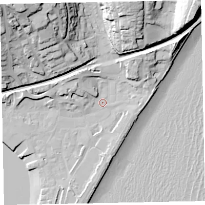 Shaded relief map of the ground around TQ148SW, computed from Environment Agency LiDAR. The ground here sits at about 3 m above sea level and falls 48 m across the surrounding 800 m. Surface water reaching this point runs off ground lying to the north-east, 11.7 m higher.