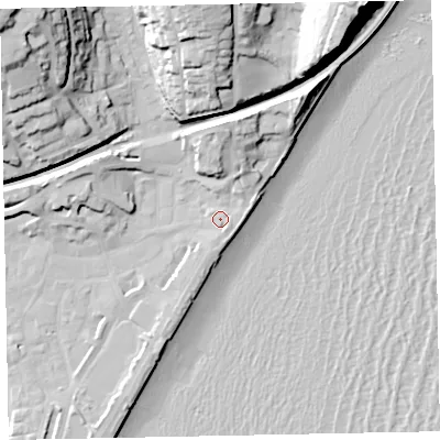 Shaded relief map of the ground around TQ148SX, computed from Environment Agency LiDAR. The ground here sits at about 5 m above sea level and falls 43 m across the surrounding 800 m. Surface water reaching this point runs off ground lying to the north-north-east, 4.9 m higher.