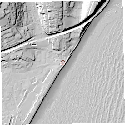 Shaded relief map of the ground around TQ148SY, computed from Environment Agency LiDAR. The ground here sits at about 5 m above sea level and falls 42 m across the surrounding 800 m. Surface water reaching this point runs off ground lying to the north-north-east, 4.5 m higher.