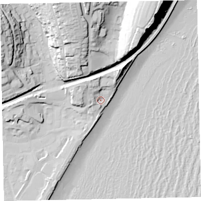 Shaded relief map of the ground around TQ148SZ, computed from Environment Agency LiDAR. The ground here sits at about 5 m above sea level and falls 51 m across the surrounding 800 m. Surface water reaching this point runs off ground lying to the north-north-east, 12.6 m higher.