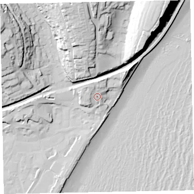 Shaded relief map of the ground around TQ148TB, computed from Environment Agency LiDAR. The ground here sits at about 10 m above sea level and falls 52 m across the surrounding 800 m. Surface water reaching this point runs off ground lying to the north-west, 5.6 m higher.