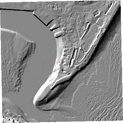 Shaded relief map of the ground around TQ148XP, computed from Environment Agency LiDAR. The ground here sits at about 3 m above sea level and falls 21 m across the surrounding 800 m. Surface water reaching this point runs off ground lying to the east-south-east, 5.9 m higher.