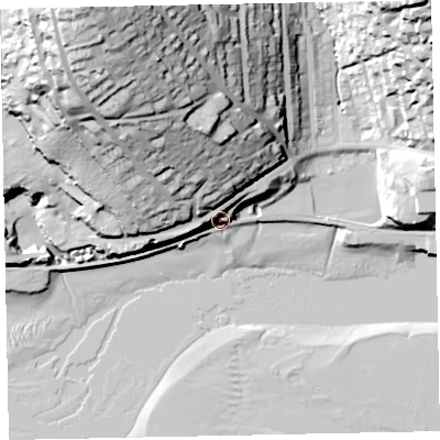 Shaded relief map of the ground around TQ149AA, computed from Environment Agency LiDAR. The ground here sits at about 8 m above sea level and falls 69 m across the surrounding 800 m. Surface water reaching this point runs off ground lying to the north-north-west, 10.8 m higher.