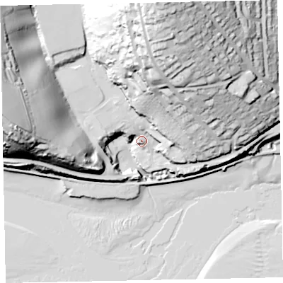 Shaded relief map of the ground around TQ149AE, computed from Environment Agency LiDAR. The ground here sits at about 12 m above sea level and falls 72 m across the surrounding 800 m. Surface water reaching this point runs off ground lying to the north, 39.9 m higher.