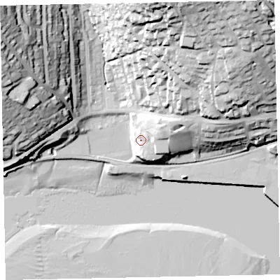 Shaded relief map of the ground around TQ149DG, computed from Environment Agency LiDAR. The ground here sits at about 11 m above sea level and falls 57 m across the surrounding 800 m. Surface water reaching this point runs off ground lying to the east-north-east, 14.5 m higher.
