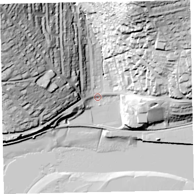 Shaded relief map of the ground around TQ149DQ, computed from Environment Agency LiDAR. The ground here sits at about 4 m above sea level and falls 74 m across the surrounding 800 m. Surface water reaching this point runs off ground lying to the north-west, 70.4 m higher.
