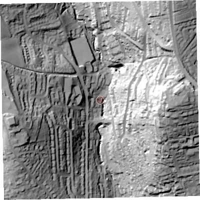 Shaded relief map of the ground around TQ149EB, computed from Environment Agency LiDAR. The ground here sits at about 22 m above sea level and falls 96 m across the surrounding 800 m. Surface water reaching this point runs off ground lying to the east, 87.9 m higher.