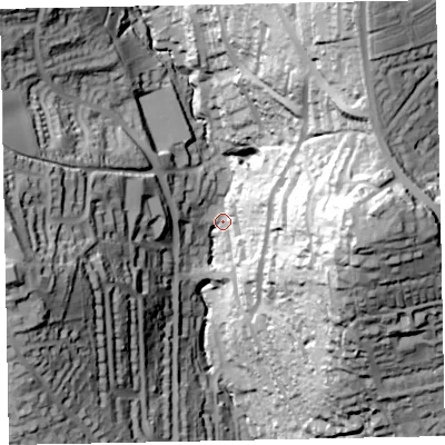 Shaded relief map of the ground around TQ149ER, computed from Environment Agency LiDAR. The ground here sits at about 23 m above sea level and falls 96 m across the surrounding 800 m. Surface water reaching this point runs off ground lying to the north-north-east, 88.0 m higher.