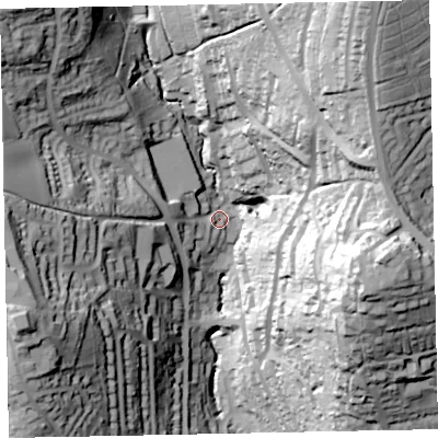 Shaded relief map of the ground around TQ149ET, computed from Environment Agency LiDAR. The ground here sits at about 27 m above sea level and falls 98 m across the surrounding 800 m. Surface water reaching this point runs off ground lying to the north-east, 84.4 m higher.