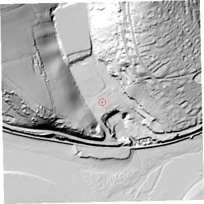 Shaded relief map of the ground around TQ149FA, computed from Environment Agency LiDAR. The ground here sits at about 16 m above sea level and falls 76 m across the surrounding 800 m. Surface water reaching this point runs off ground lying to the west-south-west, 20.2 m higher.