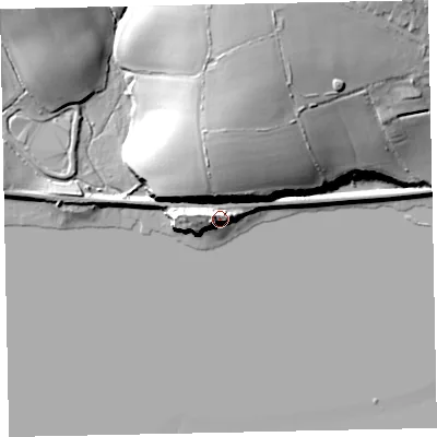 Shaded relief map of the ground around TQ149FJ, computed from Environment Agency LiDAR. The ground here sits at about 12 m above sea level and falls 31 m across the surrounding 800 m. Surface water reaching this point runs off ground lying to the north, 18.4 m higher.