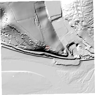 Shaded relief map of the ground around TQ149PH, computed from Environment Agency LiDAR. The ground here sits at about 38 m above sea level and falls 87 m across the surrounding 800 m. Surface water reaching this point runs off ground lying to the north-west, 52.4 m higher.