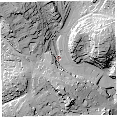 Shaded relief map of the ground around TQ14AF, computed from Environment Agency LiDAR. The ground here sits at about 26 m above sea level and falls 57 m across the surrounding 800 m. Surface water reaching this point runs off ground lying to the south, 23.6 m higher.
