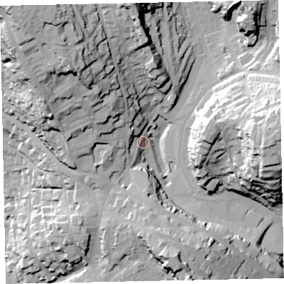 Shaded relief map of the ground around TQ14AG, computed from Environment Agency LiDAR. The ground here sits at about 32 m above sea level and falls 61 m across the surrounding 800 m. Surface water reaching this point runs off ground lying to the north-west, 43.2 m higher.