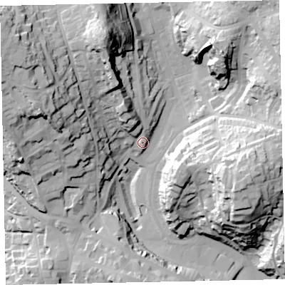 Shaded relief map of the ground around TQ14AH, computed from Environment Agency LiDAR. The ground here sits at about 36 m above sea level and falls 52 m across the surrounding 800 m. Surface water reaching this point runs off ground lying to the north-north-west, 18.1 m higher.