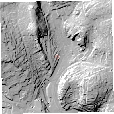 Shaded relief map of the ground around TQ14AJ, computed from Environment Agency LiDAR. The ground here sits at about 35 m above sea level and falls 49 m across the surrounding 800 m. Surface water reaching this point runs off ground lying to the west, 6.8 m higher.