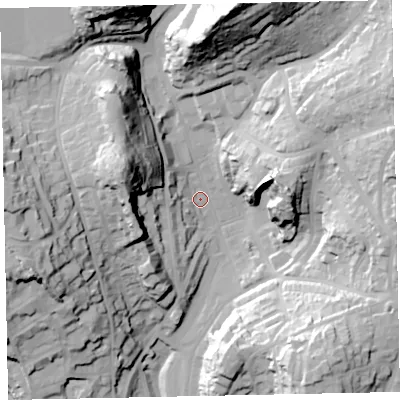 Shaded relief map of the ground around TQ14AR, computed from Environment Agency LiDAR. The ground here sits at about 31 m above sea level and falls 63 m across the surrounding 800 m. Surface water reaching this point runs off ground lying to the north, 58.5 m higher.