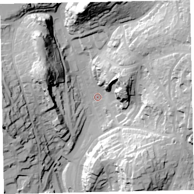 Shaded relief map of the ground around TQ14AX, computed from Environment Agency LiDAR. The ground here sits at about 30 m above sea level and falls 57 m across the surrounding 800 m. Surface water reaching this point runs off ground lying to the south-west, 10.9 m higher.