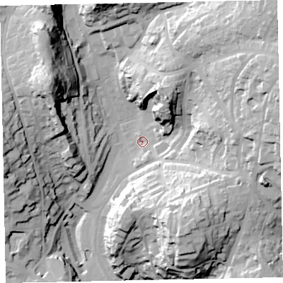 Shaded relief map of the ground around TQ14AZ, computed from Environment Agency LiDAR. The ground here sits at about 31 m above sea level and falls 57 m across the surrounding 800 m. Surface water reaching this point runs off ground lying to the north-east, 51.8 m higher.