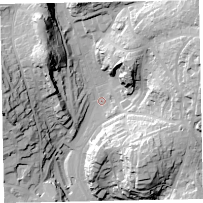 Shaded relief map of the ground around TQ14BA, computed from Environment Agency LiDAR. The ground here sits at about 30 m above sea level and falls 53 m across the surrounding 800 m. Surface water reaching this point runs off ground lying to the east-north-east, 47.8 m higher.