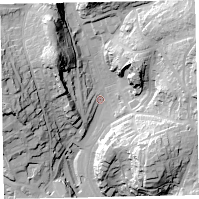 Shaded relief map of the ground around TQ14BB, computed from Environment Agency LiDAR. The ground here sits at about 31 m above sea level and falls 50 m across the surrounding 800 m. Surface water reaching this point runs off ground lying to the west-south-west, 8.6 m higher.