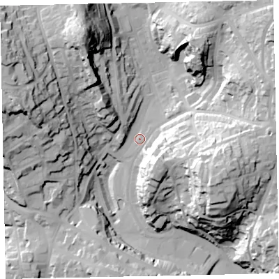 Shaded relief map of the ground around TQ14BD, computed from Environment Agency LiDAR. The ground here sits at about 31 m above sea level and falls 50 m across the surrounding 800 m. Surface water reaching this point runs off ground lying to the north-north-west, 44.0 m higher.