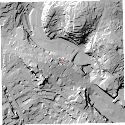 Shaded relief map of the ground around TQ14BU, computed from Environment Agency LiDAR. The ground here sits at about 35 m above sea level and falls 61 m across the surrounding 800 m. Surface water reaching this point runs off ground lying to the west-north-west, 9.5 m higher.