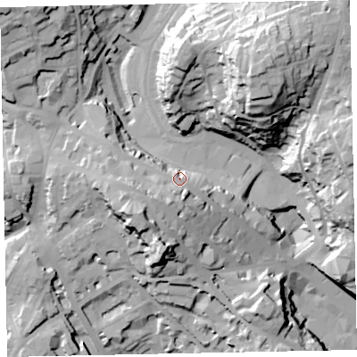 Shaded relief map of the ground around TQ14BX, computed from Environment Agency LiDAR. The ground here sits at about 39 m above sea level and falls 58 m across the surrounding 800 m. Surface water reaching this point runs off ground lying to the south-west, 14.6 m higher.