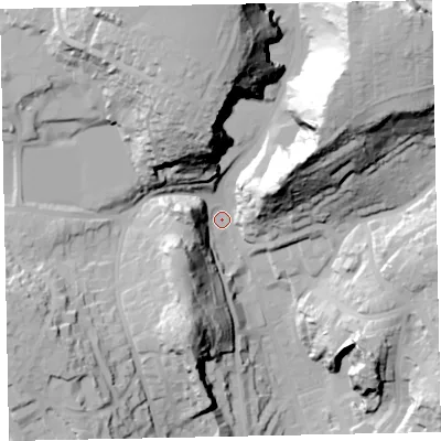 Shaded relief map of the ground around TQ14GH, computed from Environment Agency LiDAR. The ground here sits at about 38 m above sea level and falls 69 m across the surrounding 800 m. Surface water reaching this point runs off ground lying to the north-east, 59.3 m higher.