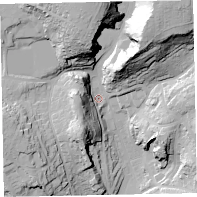 Shaded relief map of the ground around TQ14GJ, computed from Environment Agency LiDAR. The ground here sits at about 37 m above sea level and falls 67 m across the surrounding 800 m. Surface water reaching this point runs off ground lying to the north-north-east, 58.5 m higher.