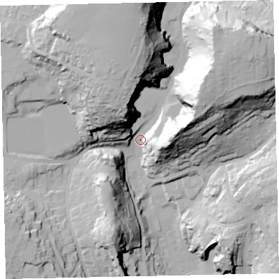 Shaded relief map of the ground around TQ14HB, computed from Environment Agency LiDAR. The ground here sits at about 39 m above sea level and falls 69 m across the surrounding 800 m. Surface water reaching this point runs off ground lying to the north-east, 59.2 m higher.