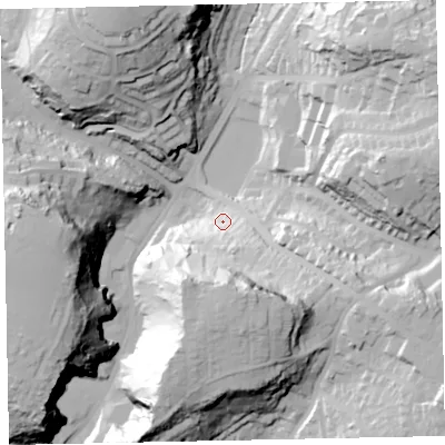 Shaded relief map of the ground around TQ14PE, computed from Environment Agency LiDAR. The ground here sits at about 59 m above sea level and falls 60 m across the surrounding 800 m. Surface water reaching this point runs off ground lying to the south-south-east, 44.7 m higher.
