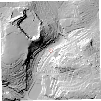 Shaded relief map of the ground around TQ14RW, computed from Environment Agency LiDAR. The ground here sits at about 60 m above sea level and falls 65 m across the surrounding 800 m. Surface water reaching this point runs off ground lying to the east-south-east, 42.2 m higher.
