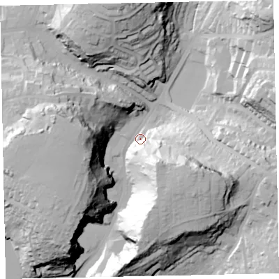 Shaded relief map of the ground around TQ14RY, computed from Environment Agency LiDAR. The ground here sits at about 50 m above sea level and falls 59 m across the surrounding 800 m. Surface water reaching this point runs off ground lying to the east-south-east, 50.8 m higher.