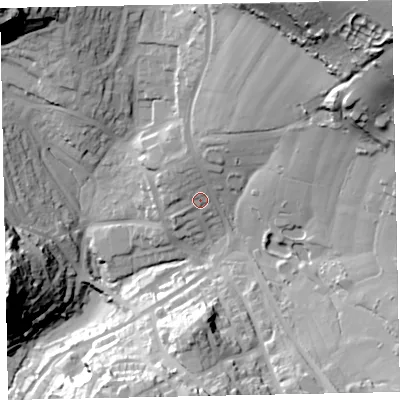 Shaded relief map of the ground around TQ14SW, computed from Environment Agency LiDAR. The ground here sits at about 72 m above sea level and falls 71 m across the surrounding 800 m. Surface water reaching this point runs off ground lying to the north-north-east, 5.4 m higher.