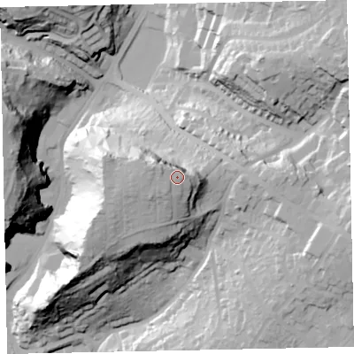 Shaded relief map of the ground around TQ14YY, computed from Environment Agency LiDAR. The ground here sits at about 96 m above sea level and falls 66 m across the surrounding 800 m. Surface water reaching this point runs off ground lying to the west-north-west, 2.6 m higher.